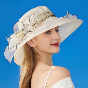 2026 MS Fancy Adult Elegant Wide Brim Church <b>Hats</b> Party Travel Outdoor Women's Flower Organza Ladies Beach Sun <b>Hat</b> - Product Image 1