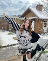 Pull en molleton à motif anime mignon - Pull rayé noir et blanc à manches raglan avec détail oreilles de chat, haut d'hiver doux pour filles