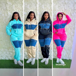 2026 New Urban Streetwear <strong>Denim</strong> Patchwork Tracksuit <strong>Women</strong> Color Block Hoodie and <strong>Joggers</strong> 2 Piece Set - Product Image 2