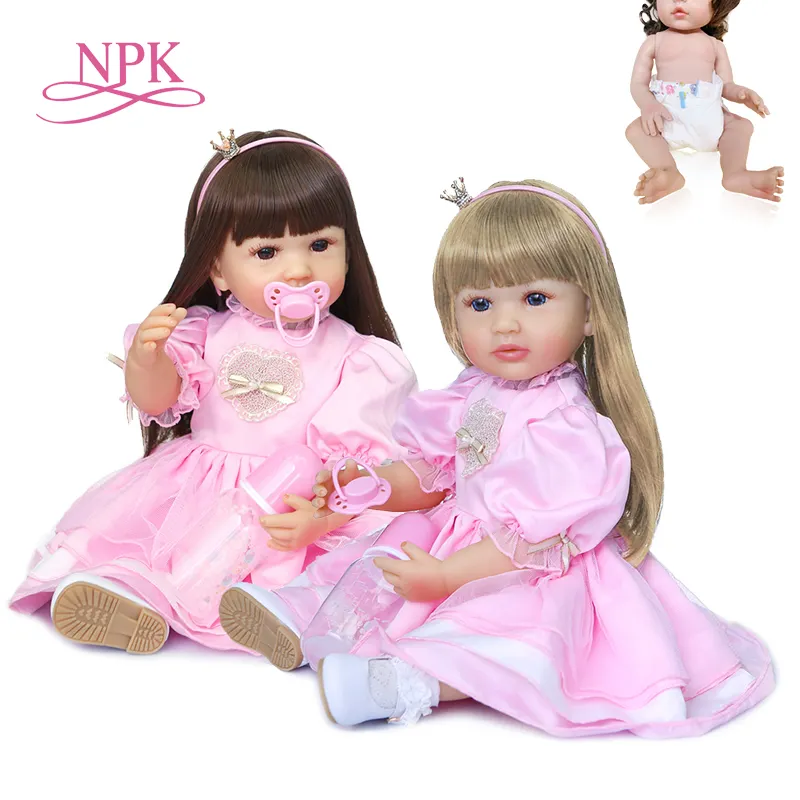 NPK 55CM full body silicone original bebe doll reborn toddler girl princess doll in pink dress two hair colors bath toy