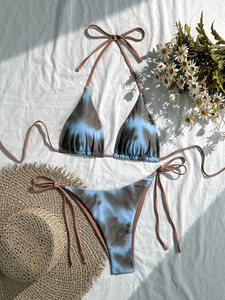 Conjunto de Bikini de 2 Piezas para Mujer, Tie-Dye, con Ribete en Contraste, Halter, Lazos Laterales, Triángulo en la Parte Delantera, Secado Rápido, Traje de Baño para Playa y Verano - Product Image 4