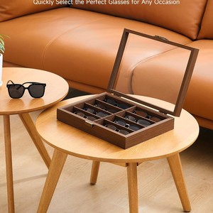 Caja de almacenamiento de gafas de madera, estuche con tapa abatible de ocho compartimentos para joyería y gafas, color nogal - Product Image 2