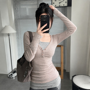 เสื้อยืดแขนยาวทรงเข้ารูปสไตล์วินเทจ Y2K แบบลำลองเรียบง่าย ดีไซน์เลเยอร์สีตัดกัน  ใส่ได้หลากหลายโอกาส ช่วยเสริมลุคให้ดูเพรียวสวย - Product Image 2