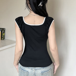 Camiseta de manga corta con cuello en V y cordones, estilo dulce y femenino, con ribete de color en contraste y lunares, sencilla y versátil. - Product Image 6