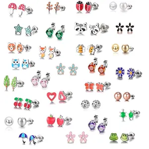 SC韩国儿童耳环不锈钢青蛙瓢虫动物耳环30双花蘑菇心型耳钉女用耳环