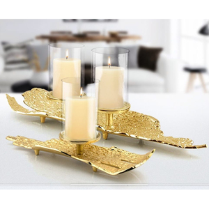 Luxury Metal Leaf <b>Candle</b> Holder Set with Glass Cylinder <b>Hurricane</b> <b>Candle</b> Stand for Table Centerpiece and Home Decor - Product Image 1