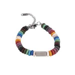 Pulseira de pedra vulcânica multicolorida hip hop, pulseira de estilo de hip hop masculina e feminina, emblém de bloco personalizado, moderno e de alta qualidade