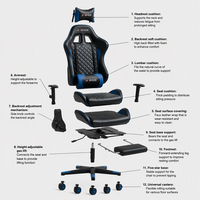 Chaise de jeu noire et bleue en cuir PU, chaise de bureau pour ordinateur, accoudoirs réglables, roulettes pivotantes, capitonnage diamanté