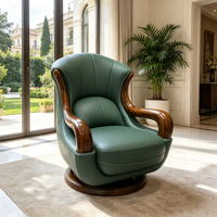 Fauteuil pivotant en cuir vert avec accoudoirs en bois massif courbé, fauteuil de relaxation individuel pour mobilier de bureau de luxe à domicile