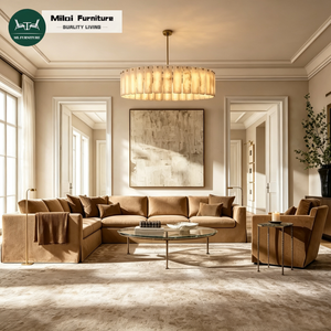 Divano Sezionale Classico in Stile Americano per Soggiorno, Modello <span class=keywords><strong>Modena</strong></span> con Rivestimento Sfoderabile, Braccioli Affusolati, Tessuto Personalizzabile, Cuscini Morbidi e Imbottiti per Villa - Product Image 1