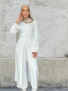 Abaya in Stile Turco per <span class=keywords><strong>Donna</strong></span>, Tinta Unita, Primavera 2026, Top Casual con Bottoni, <span class=keywords><strong>Pantaloni</strong></span> Dritti, Ispirazione Dubai, in Poliestere Traspirante - Product Image 4