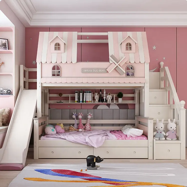 Muebles de dormitorio modernos de lujo para niños, litera de almacenamiento de madera, caja de cartón sólida, juegos de dormitorio, cama pequeña para niñas