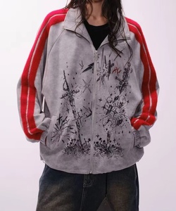 Giacca Oversize Vintage Streetwear Hip Hop Personalizzata con Zip e Grafica a Strisce Contrastanti, Cappotto Estetico Effetto Vissuto - Product Image 4