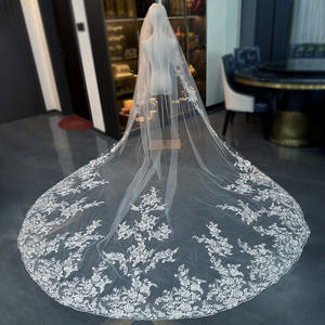 Voile de mariée ROMANTIC à une seule couche, longue et à grande traîne, en dentelle florale, super brillante - Product Image 4