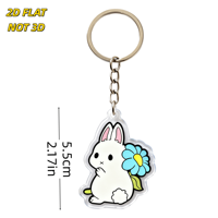 Porte-clés en acrylique Lapin Blanc Mignon avec Fleur Bleue, Pendentif Découpé Transparent et Chaîne Métallique, Accessoire Doux de Printemps
