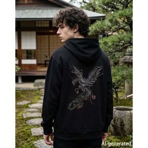 FOXA Men's Embroidered Hoodie Black <b>Dragon</b> Design Regular Sleeve Knitted Polyester Sweatshirt - Product Image 2