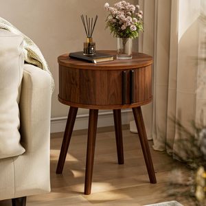 Table de chevet ronde SENYU de style mi-siècle avec portes coulissantes en bois de noyer, pieds coniques, capacité de 33 lb, design moderne, durable - Product Image 1