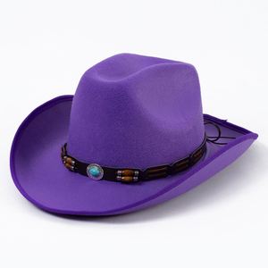 Sombreros de Vaquero de Fieltro Mexicano con Cuentas de Madera y Logotipo Personalizado al por Mayor, Sombreros de Vaquero Occidentales Morados de Moda Europea y Americana para Mujer - Product Image 4