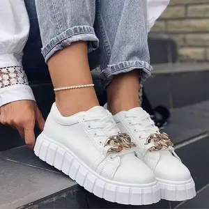 2022 New Wedges Chunky Heel Platform Lady New Footwear Shoes White Black Metal Chain Lace Up Round Toe Daddy Sneakers