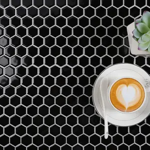 MM Mosaic Hot Sale Classic Style Foshan Factory Supplies Wall Backsplash Honeycomb 1" Glossy Black Ceramic Hexagon Mosaic Tile