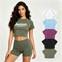 AMCLEVER 210GSM Atasan Crop Campuran Katun Wanita Lengan Pendek Kerah Bulat Kaos Jahitan Kontras Kasual Musim Panas