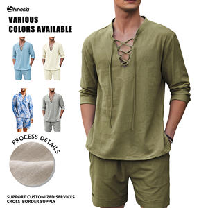 Set Estivo da <span class=keywords><strong>Uomo</strong></span> in <span class=keywords><strong>Lino</strong></span> e Cotone Antipiega Traspirante con Colletto alla Coreana, T-Shirt Casual e Camicia a Due Pezzi - Product Image 2