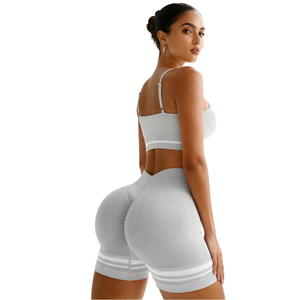 JINSI 2PCS Contrast Color Sports Set Breathable Elastic Waist Quick-Drying Gym Set Yoga Suit Running Sport Backless Bra+Striped - Product Image 1