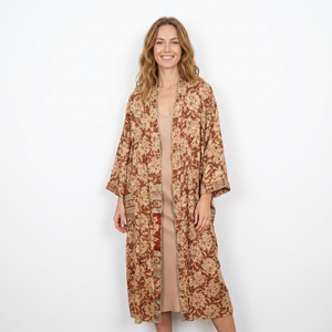 Kimono de Seda con Estampado Floral, Elegante y Bohemio, Bata de Casa para Mujer, Vestido Largo Vintage con Parches, Cuello en V, Manga Larga, con Cordón Ajustable, Transpirable - Product Image 1