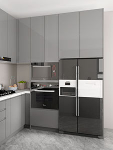 Gabinetes de Cocina Modulares Modernos en Gris Brillante con Tablero de Melamina, Isla de Granito Artificial, Electrodomésticos Integrados y Fregadero - Product Image 5