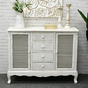 Lukcywind White Vintage <strong>Rustic</strong> French Style Solid Wood Living Room Cabinet Buffet <strong>Sideboard</strong> With Drawers and Shutters - Product Image 1