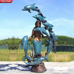 Metal Casting Sculpture Happy Cast Metal Statue Outdoor Mermaid Playing Bronze Sculpture For Outdoor