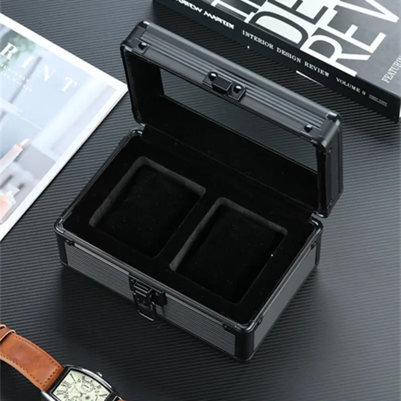 Neues Design Luxus Schwarz 2 Slots Aluminium Armbanduhr Box Aluminium Uhrengehäuse Geschenk box Verpackung Display Box für Uhren