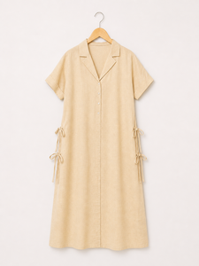 Robe chemise beige pour femme, robe midi décontractée à boutons, manches courtes, nœud sur le côté, tenue de bureau d'été - Product Image 1