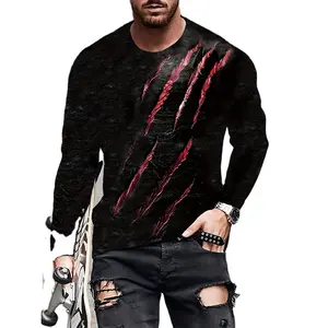 Red Scratch Pattern Men's Long Sleeve T Shirt For Spring Fall Men's Fashion Tops T shirts