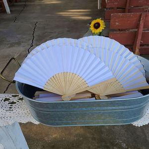 Cheap Custom Logo Bamboo <b>Paper</b> Folding Hand Fan DIY Blank Portable Painting White Color Folding Fan for Wedding - Product Image 2
