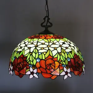 LongHuiJing Rose Tiffany Chandelier Ceiling Lights Colored Glass Restaurant Pendant Lamp