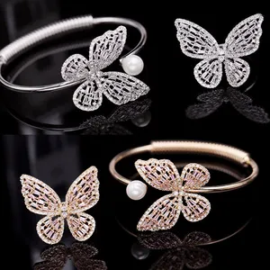 Pulsera femenina de cobre de circón de mariposa de oro rosa, joya de pulsera abierta de perla hueca