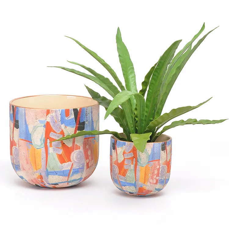 Craft home and garden decoration abstract design ceramic material potted flowers with hand painted gold edge