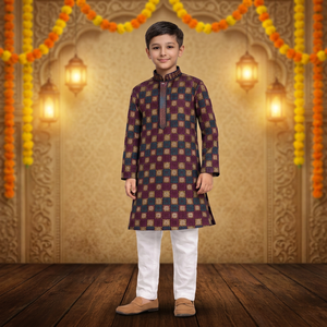 <b>Boys</b> Rayon Sequence <b>Kurta</b> Wine Checkered Traditional Ethnic Wear India Wedding Kids Clothing 0-14 Year - Product Image 3