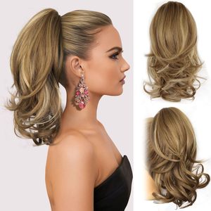 Extension de queue de cheval synthétique ondulée de 14 pouces avec pince à griffes, extensions de cheveux à clipser pour femmes (marron clair avec reflets beiges) - Product Image 1
