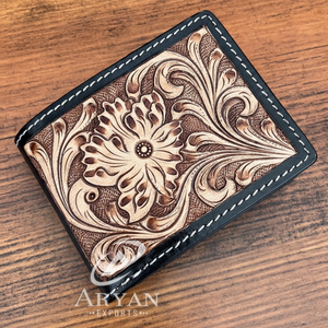 Rustic Western Men's <b>Wallet</b> Handmade Genuine Tooled Leather Bifold Multiple <b>Card</b> <b>Holder</b> with Floral Detail & Stylish Coin pocket - Product Image 1