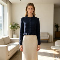 Clara – Haut tricoté pour femme, qualité supérieure, maille pointelle, bleu, personnalisable OEM, couleur unie, manches longues, boutons en corne