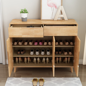 Armoire à chaussures nordique en bois massif, 3 portes, grande capacité, meuble de rangement pour entrée, meuble de salon, couleur bois naturel - Product Image 3