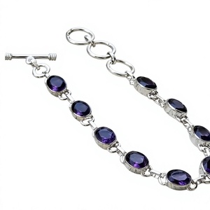925 Silver <b>Amethyst</b> Chain <b>Bracelet</b> Bezel Setting Classic Unisex Everyday Wear Jewelry - Product Image 1