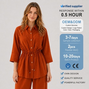 <span class=keywords><strong>Camicetta</strong></span> Casual da Donna 2026 Estiva Autunnale <span class=keywords><strong>Arancione</strong></span> in Viscosa Lavorata a Maglia con Collo Alto, Vestibilità Ampia, Vita con Coulisse e Maniche a 3/4 con Bottoni - Product Image 1