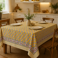 Nappe rectangulaire en coton imprimé floral jaune moutarde avec bordure décorative pour la maison