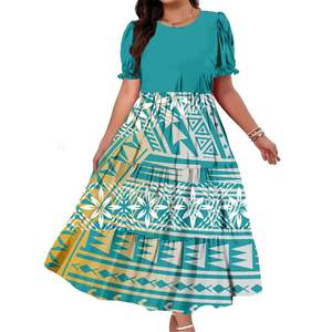 Vestidos de fiesta con estampado digital de logotipo personalizado para mujer, vestidos elegantes con volantes y mangas abullonadas, cuello redondo, cintura alta, vestido polinesio. - Product Image 3