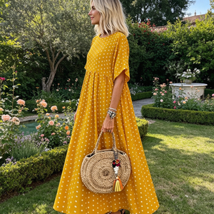 <span class=keywords><strong>Abito</strong></span> lungo da donna a <span class=keywords><strong>pois</strong></span> giallo con scollo a O, <span class=keywords><strong>maniche</strong></span> corte, vestibilità ampia, casual, per l'estate, la spiaggia e l'uso quotidiano, modello A-Line - Product Image 3