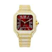 Montre automatique de luxe en moissanite, boîtier tonneau, entièrement pavée de diamants, cadran romain rouge, étanche, dorée, vente en gros, marque privée, cadeau pour homme
