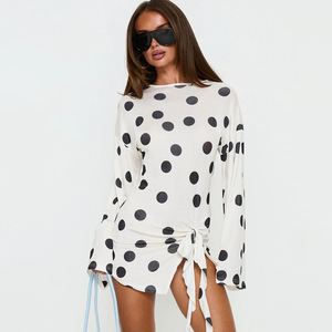 Polka Dot Dress Women Slim Fit Slit <b>Mini</b> Summer Party Casual Crew Neck Breathable Yiwu Origin <b>Printed</b> Patchwork - Product Image 2